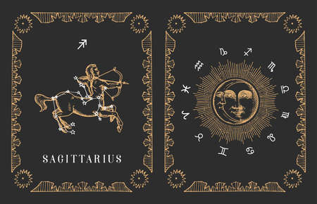 Sagittarius zodiac symbol in vector, vintage card.のイラスト素材