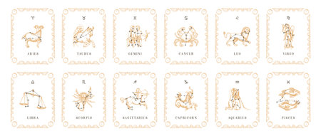 Vintage horoscope cards. Zodiac symbols in vector.のイラスト素材