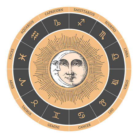 Vintage Zodiac circle with Sun, Crescent in vectorのイラスト素材