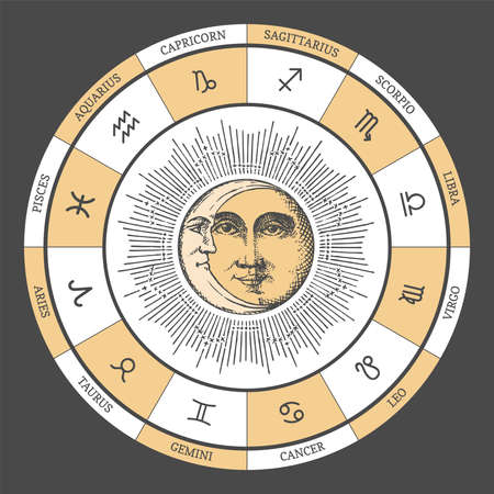 Horoscope circle with Sun, Crescent in vector.のイラスト素材