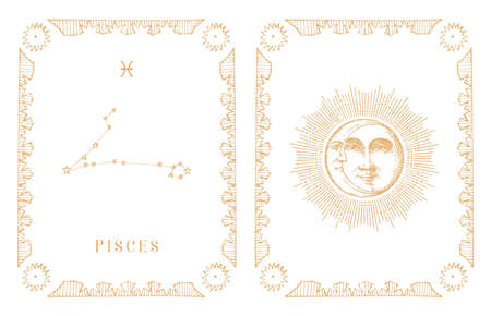 Pisces zodiac constellation, old card in vector.のイラスト素材