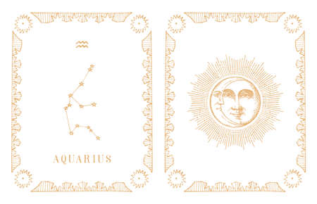 Aquarius zodiac constellation, old card in vector.のイラスト素材