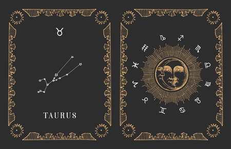 Taurus zodiac constellation, old card in vector.のイラスト素材