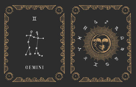 Gemini zodiac constellation, old card in vector.のイラスト素材