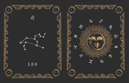 Leo zodiac constellation, old card in vector.のイラスト素材