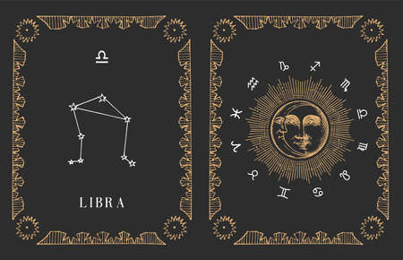 Libra zodiac constellation, old card in vector.のイラスト素材