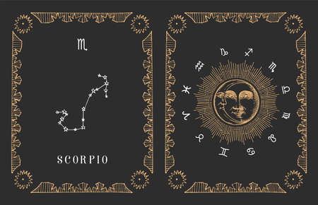 Scorpio zodiac constellation, old card in vector.のイラスト素材