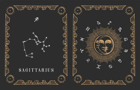 Sagittarius zodiac stars, vintage card in vector.のイラスト素材