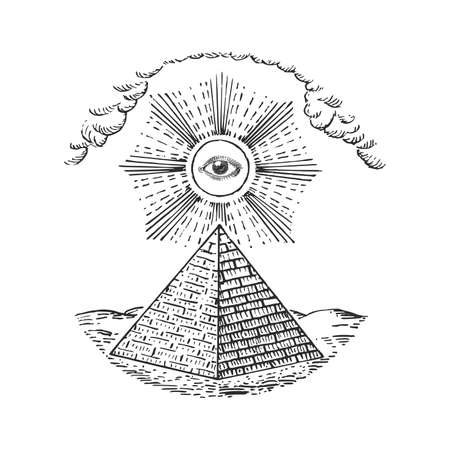 Pyramid and Eye of Providence in engraving style.のイラスト素材