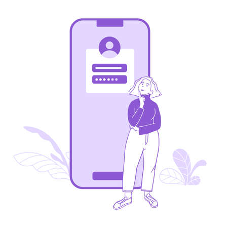 Pensive girl and online sign up. Flat design.のイラスト素材