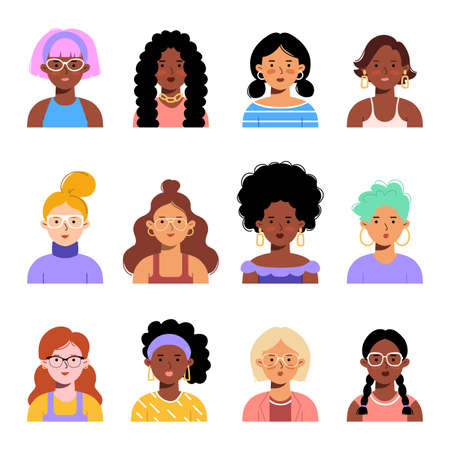 Different women faces, vector set in flat style.のイラスト素材