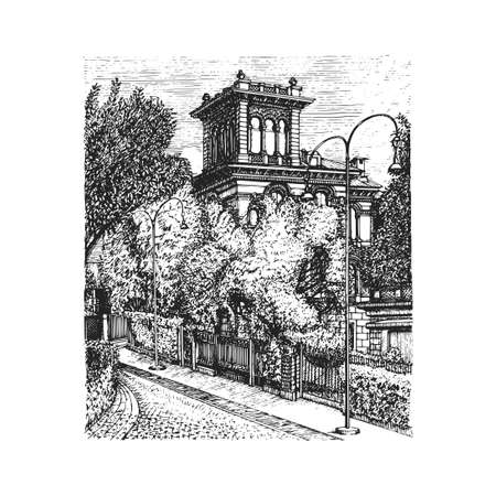 Town landscape, old palazzo illustration in vectorのイラスト素材