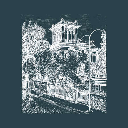 Town landscape, old palazzo illustration in vectorのイラスト素材