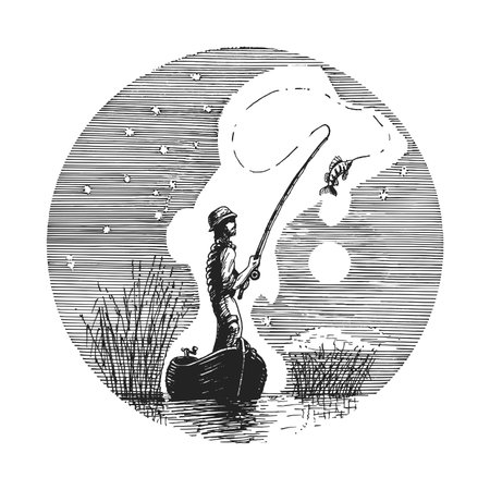 Fisherman in boat with rod and fish at moonlightのイラスト素材