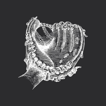 Catchers mitt, sketch in vector, Baseball glove with ball, hand drawn illustrationのイラスト素材