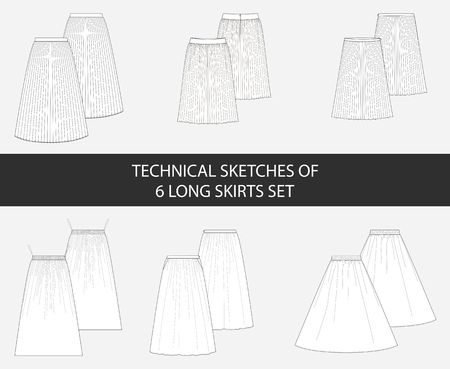 Technical sketches of 6 long skirts set in vector.のイラスト素材