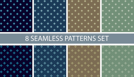8 seamless patterns fabric set in vector. Blue, brown and green colors.のイラスト素材