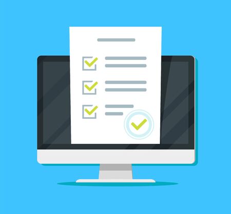 Online form survey on pc computer vector illustration, flat cartoon monitor display showing quiz exam paper sheet document, concept of electronic voting on internet, web learningのイラスト素材