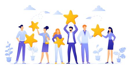 Customer review rating. Different People give review rating and feedback. Customer choice. Know your client concept. Business satisfaction support Rank rating stars feedback. Flat EPS 10 illustration.のイラスト素材