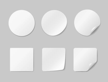 Circle adhesive symbols. White tags, paper round stickers with peeling corner, isolated rounded plastic mockup signs, vector illustrationのイラスト素材