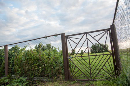Mesh fence on a background of green grass and cloudy skyの写真素材