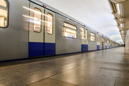 Subway train stopped at the station without peopleの写真素材