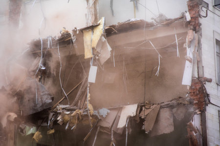 Destroyed industrial building. Floor Fragment. Demolition of buildings in urban environments