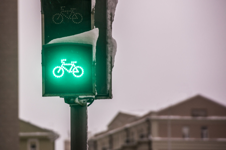 Green light for bicycle lane on traffic lightの写真素材