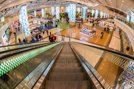 Moscow, Russia - December 10, 2017: Escalator in Columbus shopping mall with fisheye effectのeditorial素材