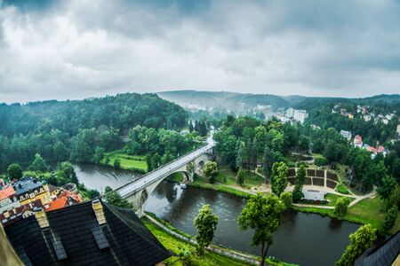 Prague, Czech Republic - July 02, 2016: View from old castle Loket with fisheye effectのeditorial素材