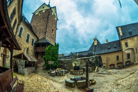 Prague, Czech Republic - July 02, 2016: Street of old castle Loket with fisheye effectのeditorial素材