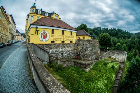 Prague, Czech Republic - July 02, 2016: Street of old castle Loket with fisheye effectのeditorial素材