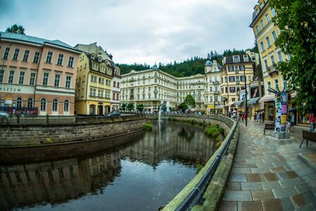 Karlovy Vary, Czech Republic - 02 July, 2016: View streets of old town with fisheye effectのeditorial素材