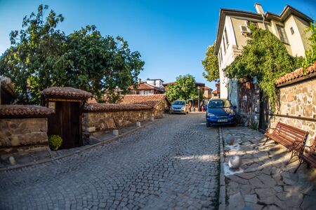 Sozopol, Bulgaria - September 11, 2016: Fisheye street view of Sozopol old townのeditorial素材