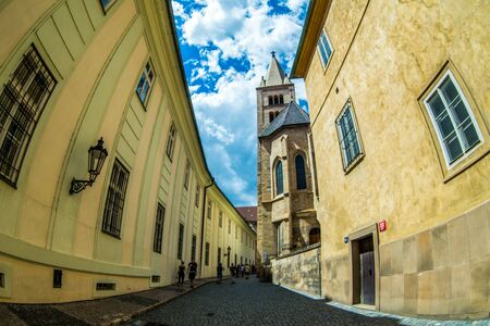 Prague, Czech Republic - 02 July, 2016: View streets of Prazsky hrad old town with fisheye effectのeditorial素材