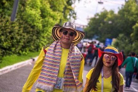 Moscow, Russia, June 14 2018 Colombian football supporter fans near Luzhniki Stadium before the opening of the World Cupのeditorial素材