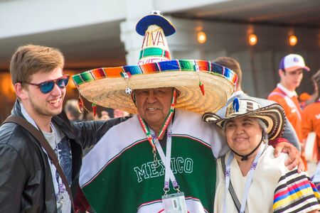 Moscow, Russia, June 14 2018 Mexican football supporter fans near Luzhniki Stadium before the opening of the World Cupのeditorial素材