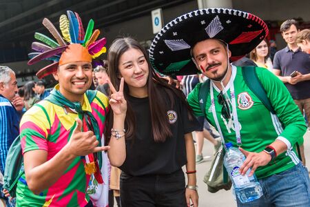 Moscow, Russia, June 14 2018 Mexican football supporter fans near Luzhniki Stadium before the opening of the World Cupのeditorial素材