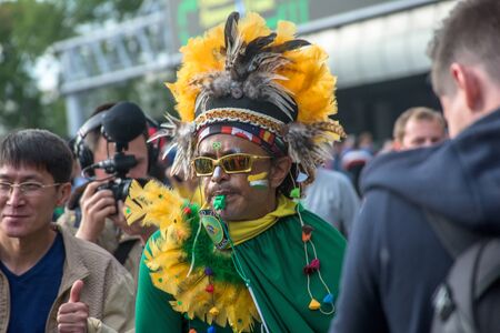 Moscow, Russia, June 14 2018 Brazilian football supporter fans near Luzhniki Stadium before the opening of the World Cupのeditorial素材