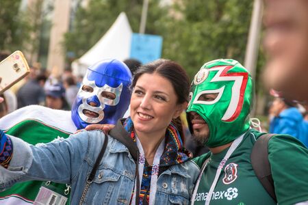 Moscow, Russia, June 14 2018 Mexican football supporter fans near Luzhniki Stadium before the opening of the World Cupのeditorial素材