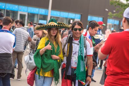 Moscow, Russia, June 14 2018 Mexican football supporter fans near Luzhniki Stadium before the opening of the World Cupのeditorial素材