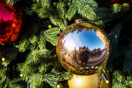 Christmas ball decoration on pine tree branchesの写真素材
