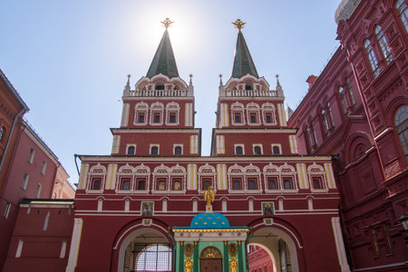 View of Resurrection Gate on Red Square in Moscow in sunlight