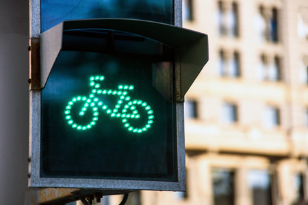 Bicycle traffic light switched to green colourの写真素材