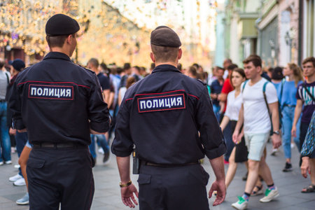 Russia, Moscow - 13 July 2018: Two russian policeman on big city street