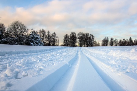 Winter ski run in forest close upの写真素材