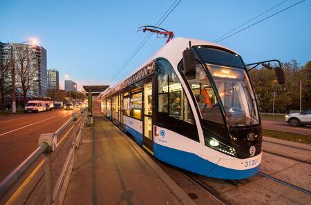 Russia, Moscow - 15 October, 2018: Modern city tram perspective rear viewのeditorial素材