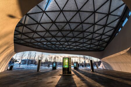 Moscow, Russia - January 22, 2019: Zaryadye park in the center of Moscow. Triangular pattern of transparent glass modern roofのeditorial素材