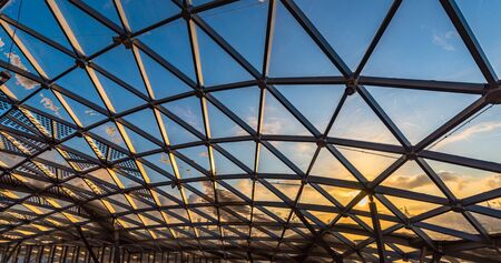 Moscow, Russia - January 22, 2019: Zaryadye park in the center of Moscow. Triangular pattern of transparent glass modern roofのeditorial素材