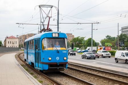 Russia, Moscow - May 15, 2018: Public tram traffic on summer city streetのeditorial素材